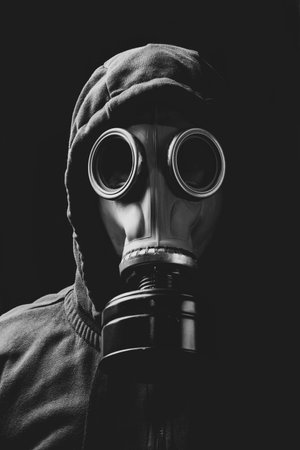 A man in a hood and in a gas mask in clouds of smoke around.の写真素材