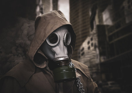 Man in gas mask and hooded cloak surrounded by clouds of toxic smoke in cityscapeの写真素材