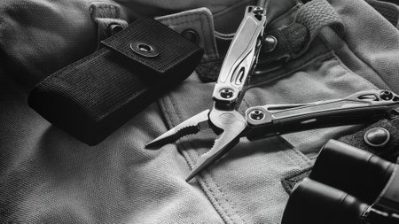 Multifunctional tool with open pliers lying on rough fabricの写真素材