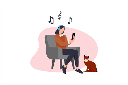 Flat girl in headphones lean on smartphone and listen music from smartphone. Vector illustration. Social media concept. Isolatedのイラスト素材