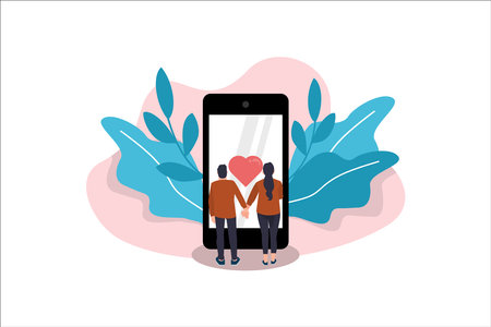 Cute couple with smartphone concept of online dating vector illustrationのイラスト素材