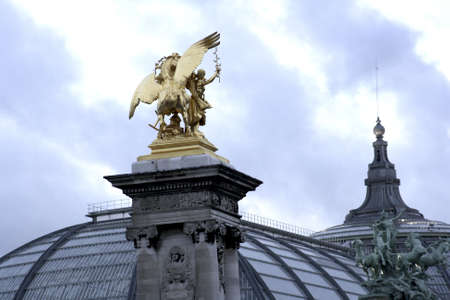 Statues and roof tops in Paris Franceの写真素材