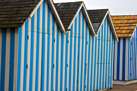 Blue Cabanas at the beach in Normandy Franceの写真素材
