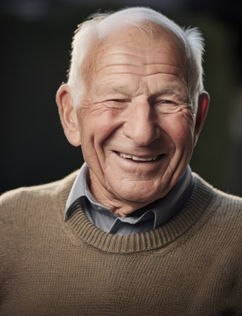 Smiling wise elder in cozy brown wool sweater with trustworthy aura and bokeh effectの写真素材