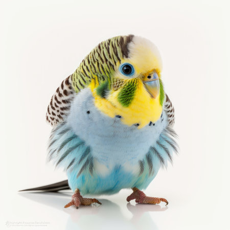 Colorful sky-blue budgerigar: macro shot of a vibrant parrot sitting on a white backgroundの写真素材