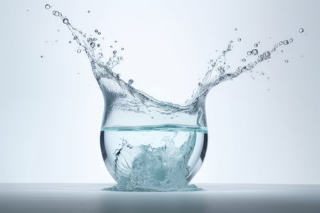 Water splash in a glass: high-speed capture of airborne droplets on white backgroundの写真素材