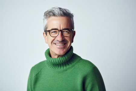 Serene silver-haired man with glasses in green turtleneck sweater on white backgroundの写真素材