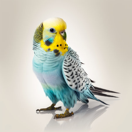 Blue and white budgerigar posing: Macro photography with a colorful parrot on a white backgroundの写真素材