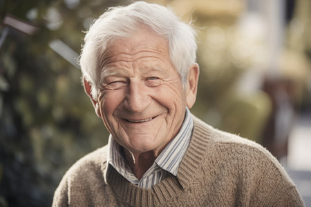 Smiling elder with cozy brown knitted sweater and wise auraの写真素材