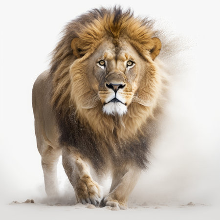 Threatening lion stance: the powerful king of mammals walking forward on white backgroundの写真素材