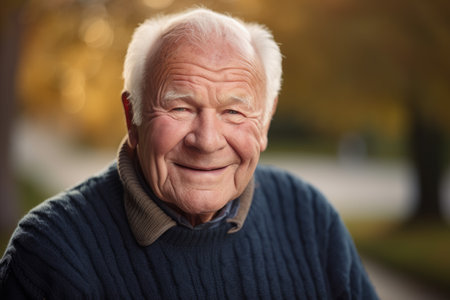 Smiling wise elder in blue wool sweater and shirt, evoking trust and experience with bokeh effect