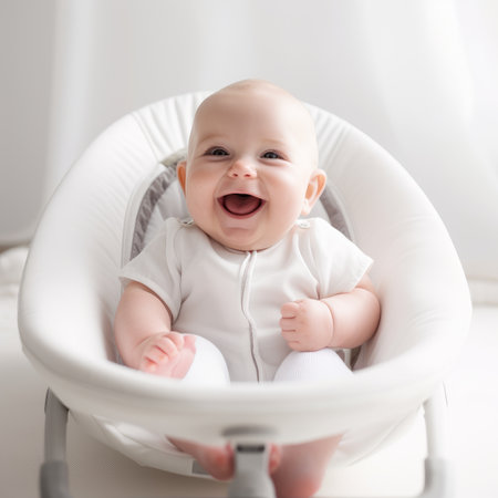 Smiling baby in a cozy swing, radiating joy indoorsの写真素材
