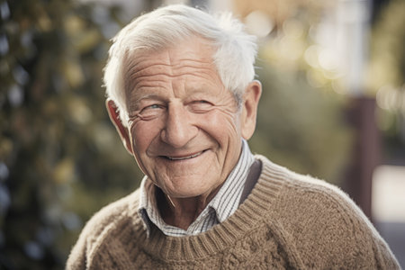 Smiling wise elder in cozy brown wool sweater exuding trust and experience with bokeh effectの写真素材
