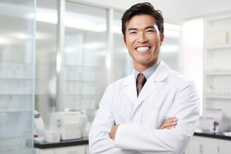 Asian healthcare professional in white coat with a bright smile: dentist, nurse, or doctor on white backgroundの写真素材