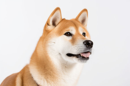 Shiba Inu dog headshot with tongue out on white background, sitting and gazing into the distanceの写真素材