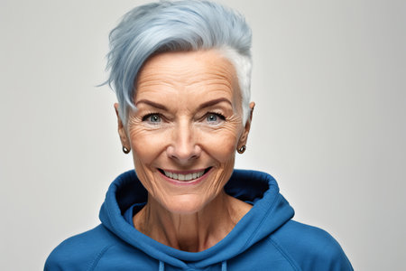 Energetic 80-year-old woman in blue sportswear radiates youthful spirit on white background