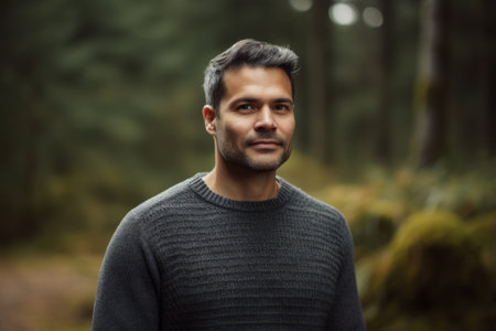 Portrait of a handsome young man in a dark forest, looking at the camera.の素材
