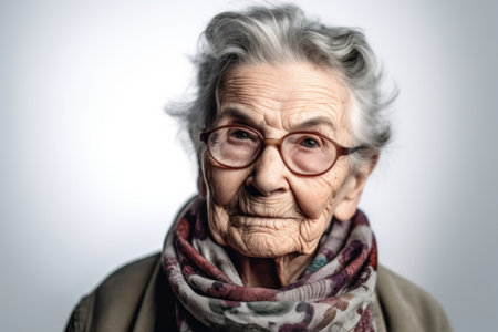 Portrait of an old woman with glasses on a gray background.の素材