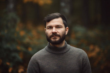 Portrait of a bearded man in the autumn forest. A man with a beard in a sweater.の素材