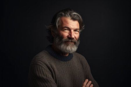 Portrait of a gray-haired man in a sweater on a dark backgroundの素材