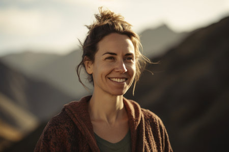 Portrait of a smiling woman standing in the mountains looking at the cameraの素材