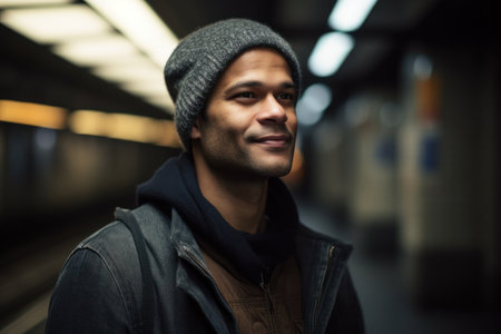 Portrait of a handsome young man at the subway station. Urban lifestyle.の素材