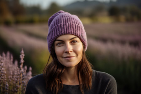 Portrait of a young woman in lavender field at sunset.の素材