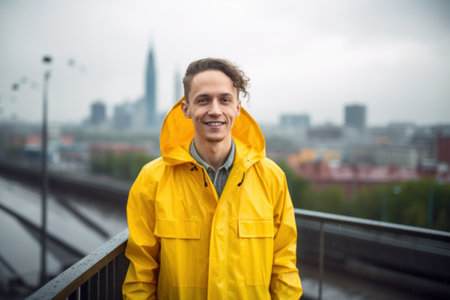 Portrait of a young man in a yellow raincoat on the background of the cityの素材