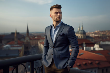Portrait of a handsome young man in a business suit on the background of the old city.の素材