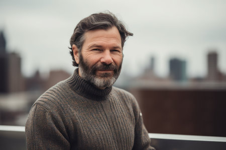 Portrait of handsome middle-aged man with gray beard and mustache in knitted sweater in the cityの素材