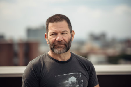 Portrait of a bearded man in a T-shirt on the roofの素材