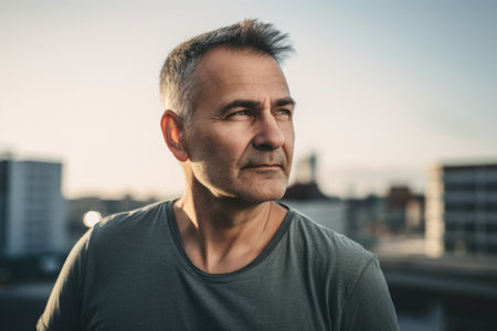 Portrait of a handsome man with gray hair in an urban contextの素材