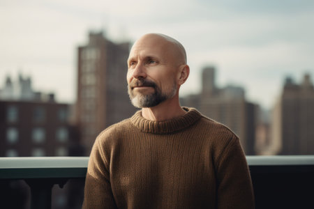 Portrait of a bald man in a brown sweater on the balcony.の素材