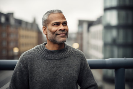 Portrait of a handsome middle-aged man wearing a long-sleeved turtleneck.の素材
