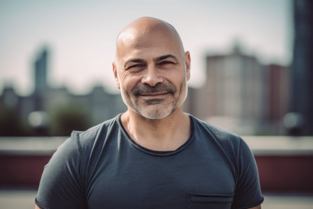 Portrait of handsome bald man with beard looking at camera in the cityの素材