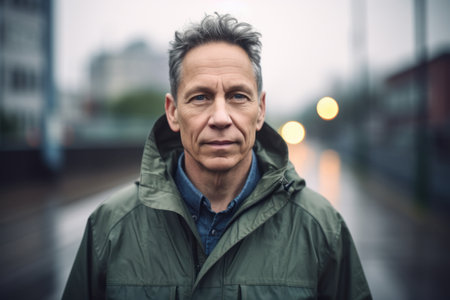 Portrait of a handsome mature man in a raincoat outdoors.の素材
