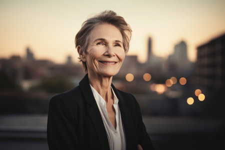 Portrait of a beautiful senior businesswoman smiling against view of the cityの素材