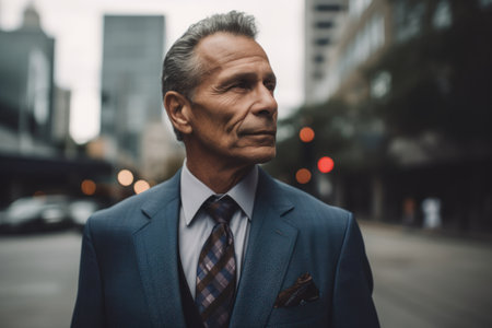 Portrait of mature businessman in suit outdoors in city. Man looking awayの素材