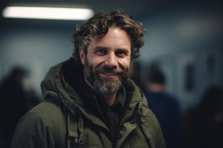 Portrait of a handsome bearded man in a green jacket looking at the cameraの素材