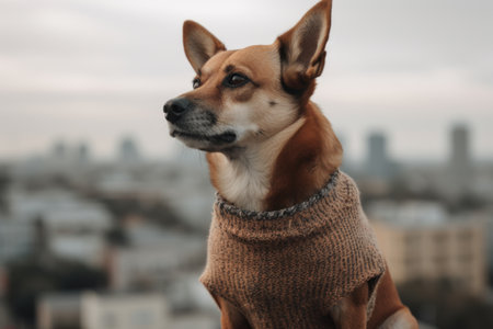 Portrait of a dog in a warm sweater on the background of the cityの素材