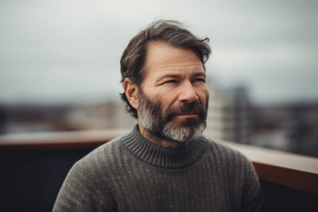 Portrait of a handsome middle-aged man with gray beard and mustache in a knitted sweater on the balconyの素材