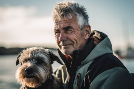Portrait of senior man with dog on the beach in autumn.の素材
