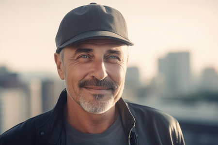 Portrait of handsome mature man in baseball cap looking at camera outdoorsの素材
