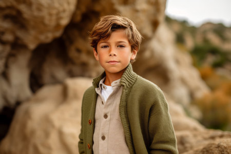 Portrait of a cute little boy in a green coat on the background of rocksの素材