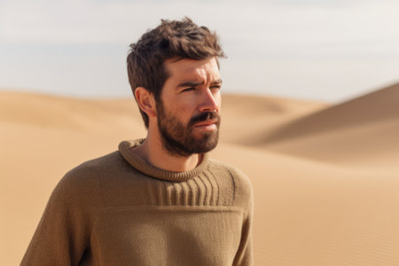 Handsome young man in warm sweater standing in desert and looking awayの素材