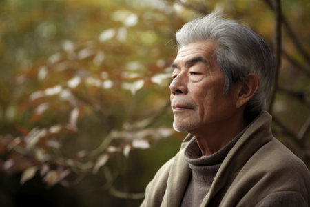 Portrait of an elderly Japanese man in the autumn park (3 years old)の素材