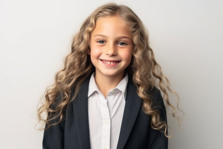 Portrait of a little girl with curly hair on a white backgroundの素材