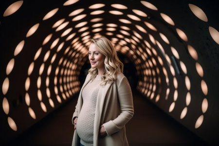 Beautiful pregnant woman in beige coat standing in tunnel at nightの素材