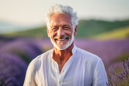 Portrait of happy senior man standing in lavender field and smilingの素材
