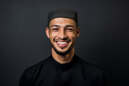 Portrait of a happy young Muslim man smiling against black backgroundの素材